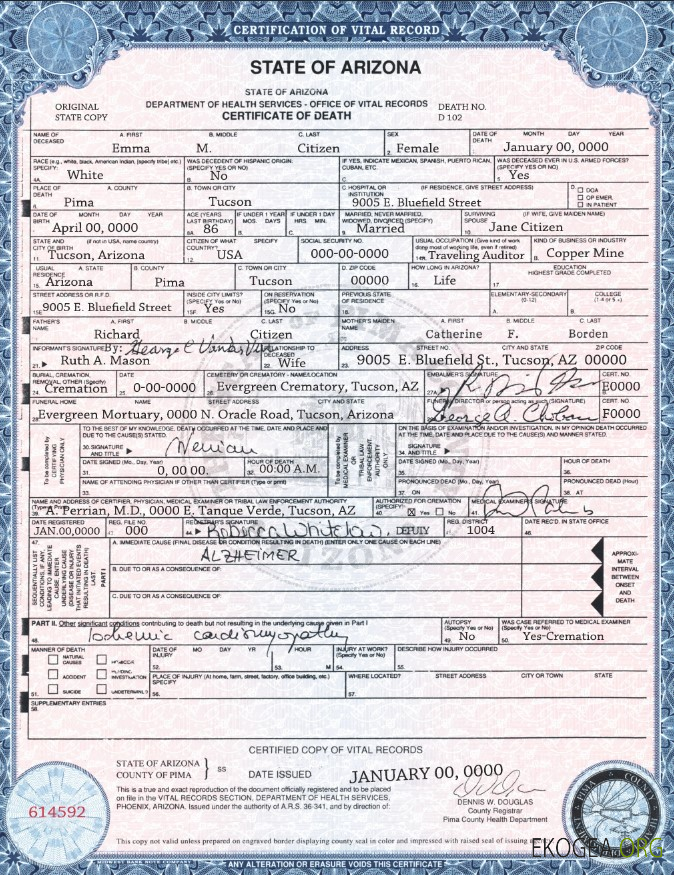 Modèle de certificat de décès de l'État américain de l'Arizona au format PSD template